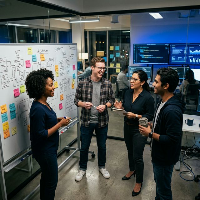 Equipo Olorun colaborando en diseño de sistema empresarial