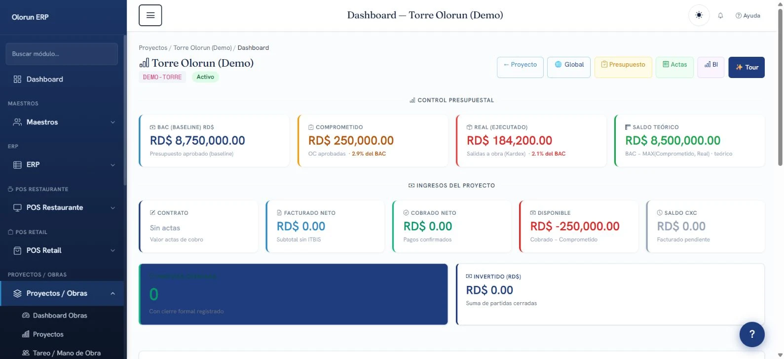 Construcción: captura real de Olorun con datos demo