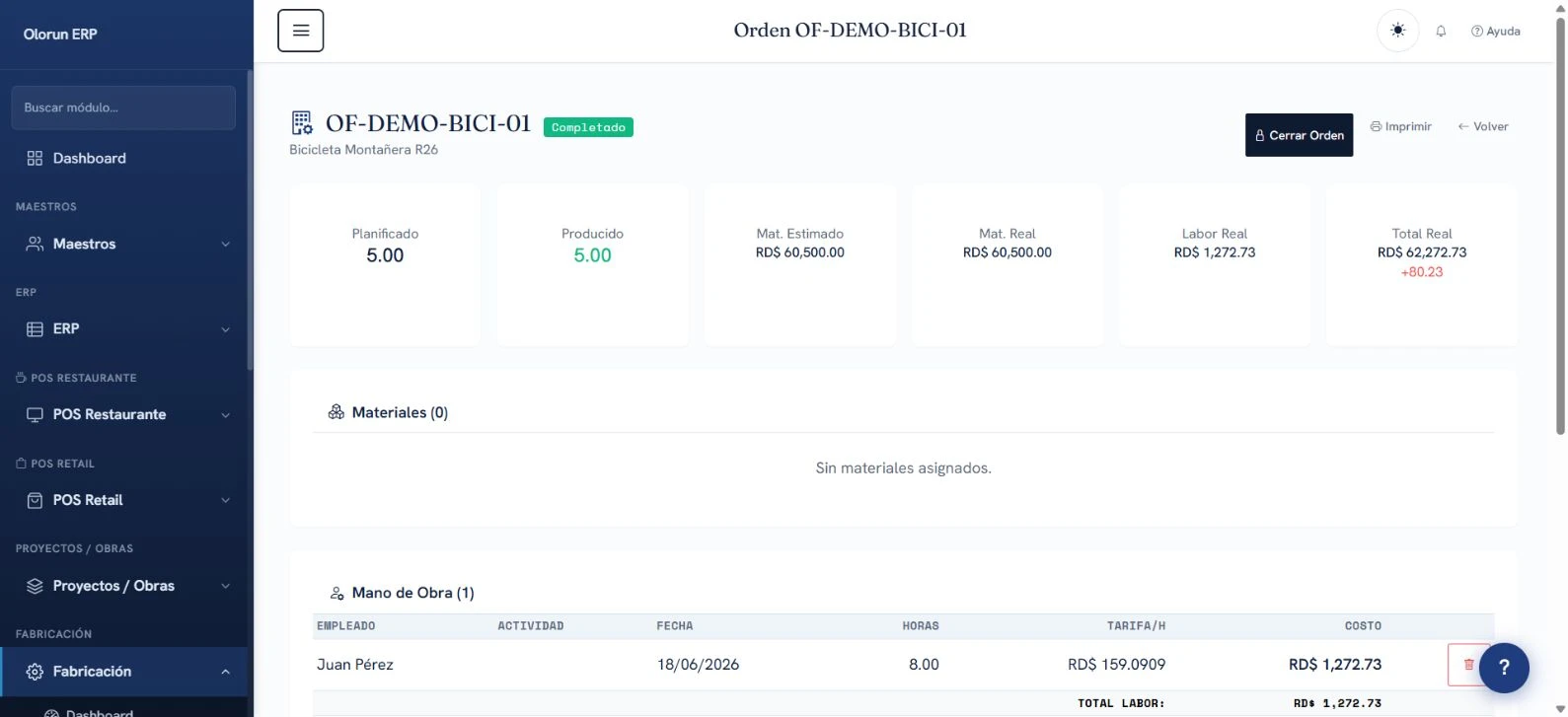 Fabricación: captura real de Olorun con datos demo